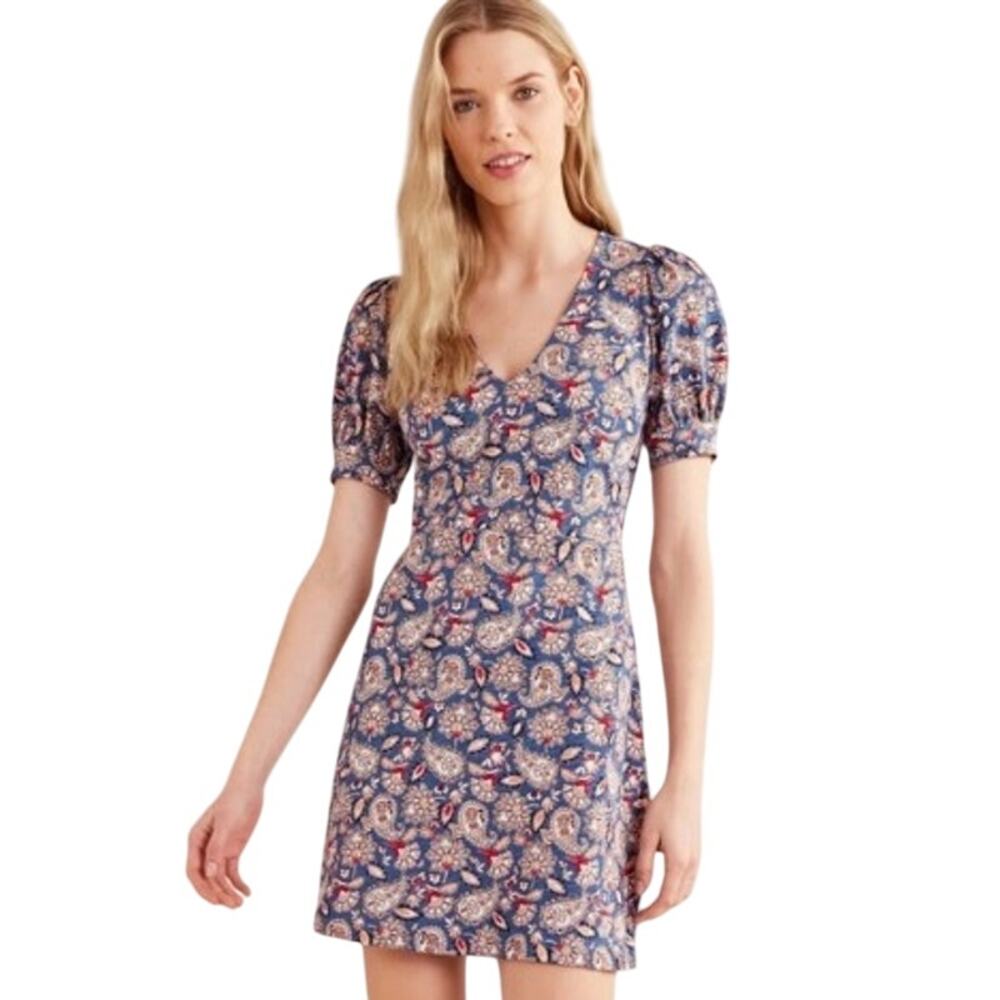 Boden Cotton Mini Dress 12 Blue Pink Paisley Print Short Puff Sleeve Summer